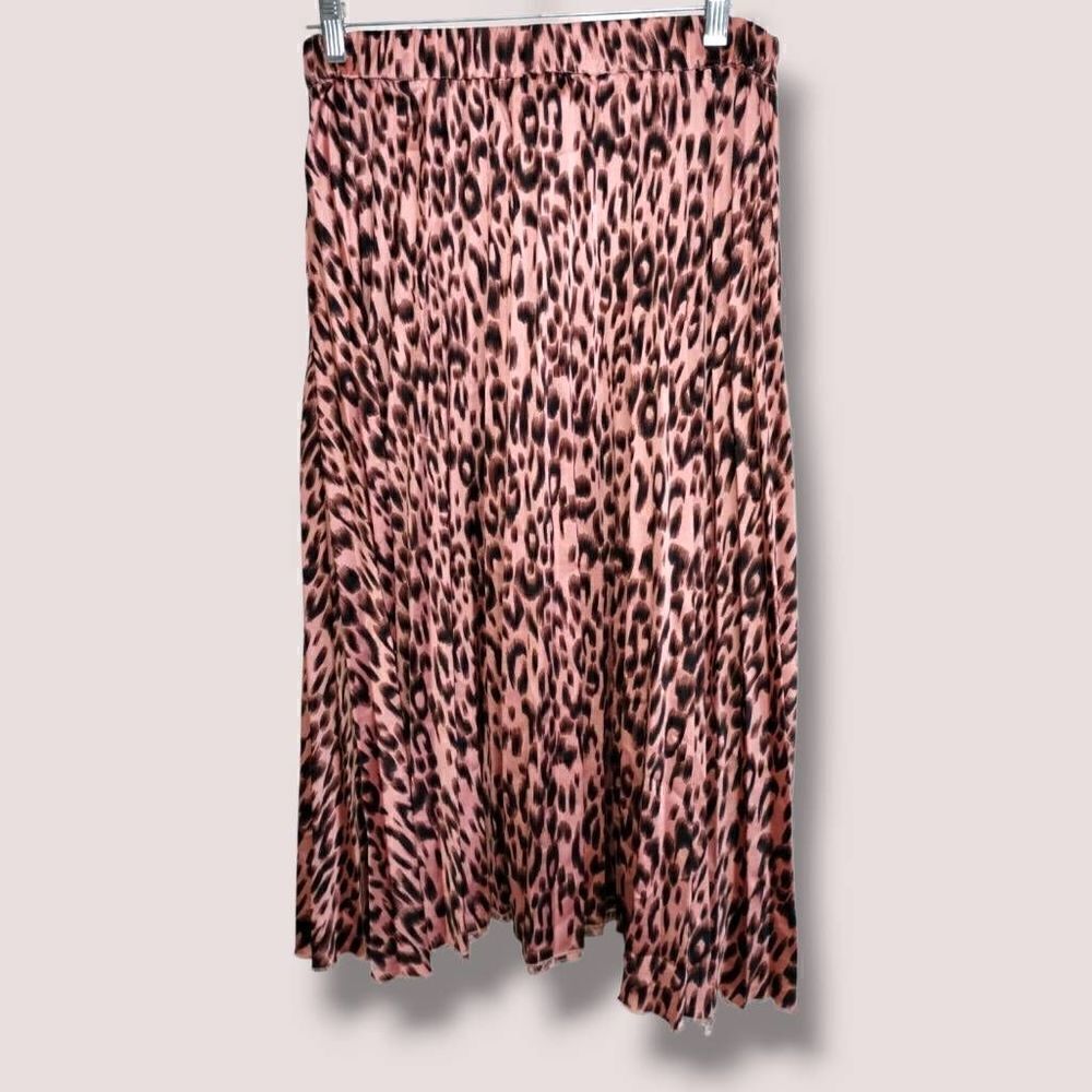 Peyton‎ Jenson Women's Pleated Skirt Midi Animal Print Peach Brown Elastic Waist